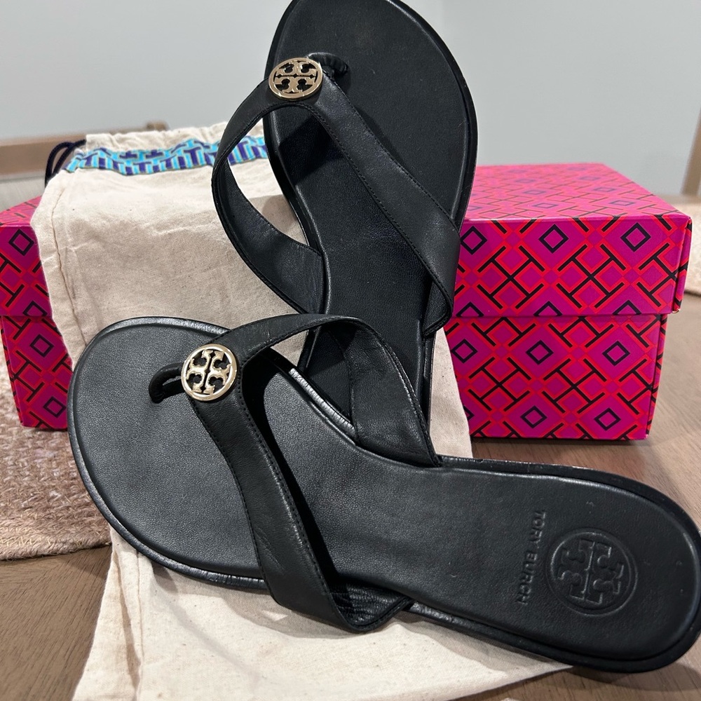 Tory Burch Black Sandals with Gold Emblem